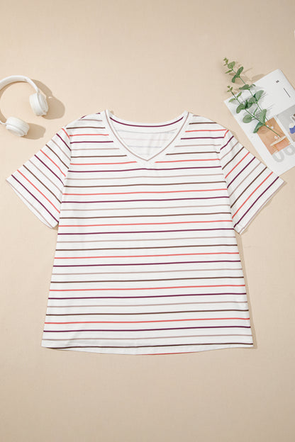 Plus Size Stripe V-Neck Short Sleeve Tee