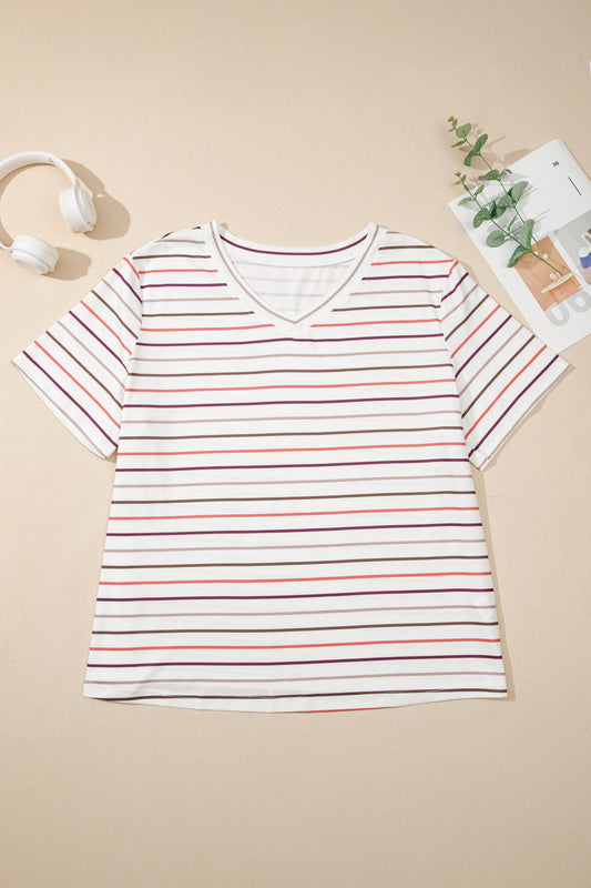 Plus Size Stripe V-Neck Short Sleeve Tee