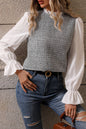 Contrast Flounce Sleeve Tweed Top