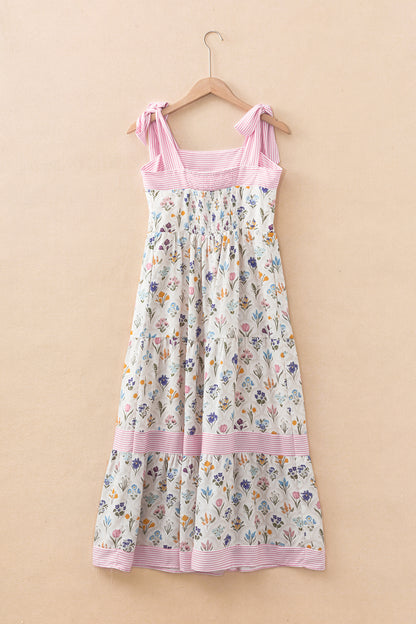 Floral Stripe Detail Knot Strap Maxi Dress