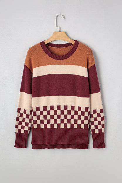 Checker Colorblock Knitted Drop Shoulder Sweater