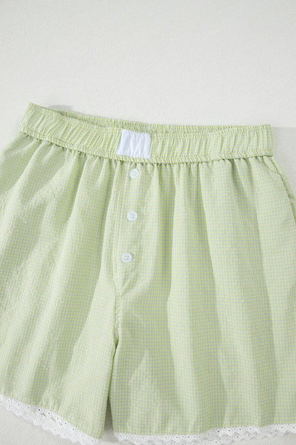 Gingham Plaid Button Lace Trim Boxer Shorts