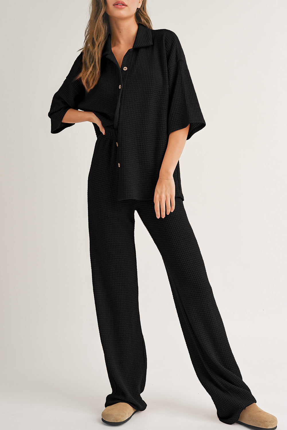 Solid Textured Buttoned Shirt and Pants Set