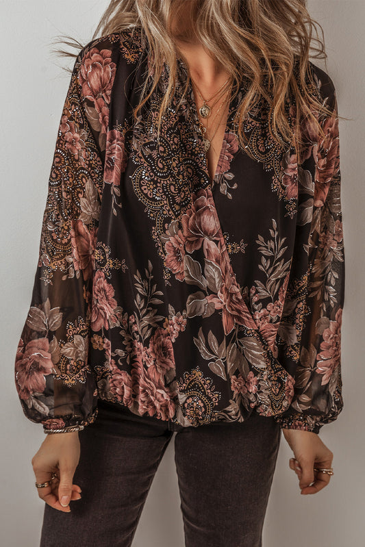 Floral Wrap V-Neck Balloon Sleeve Blouse