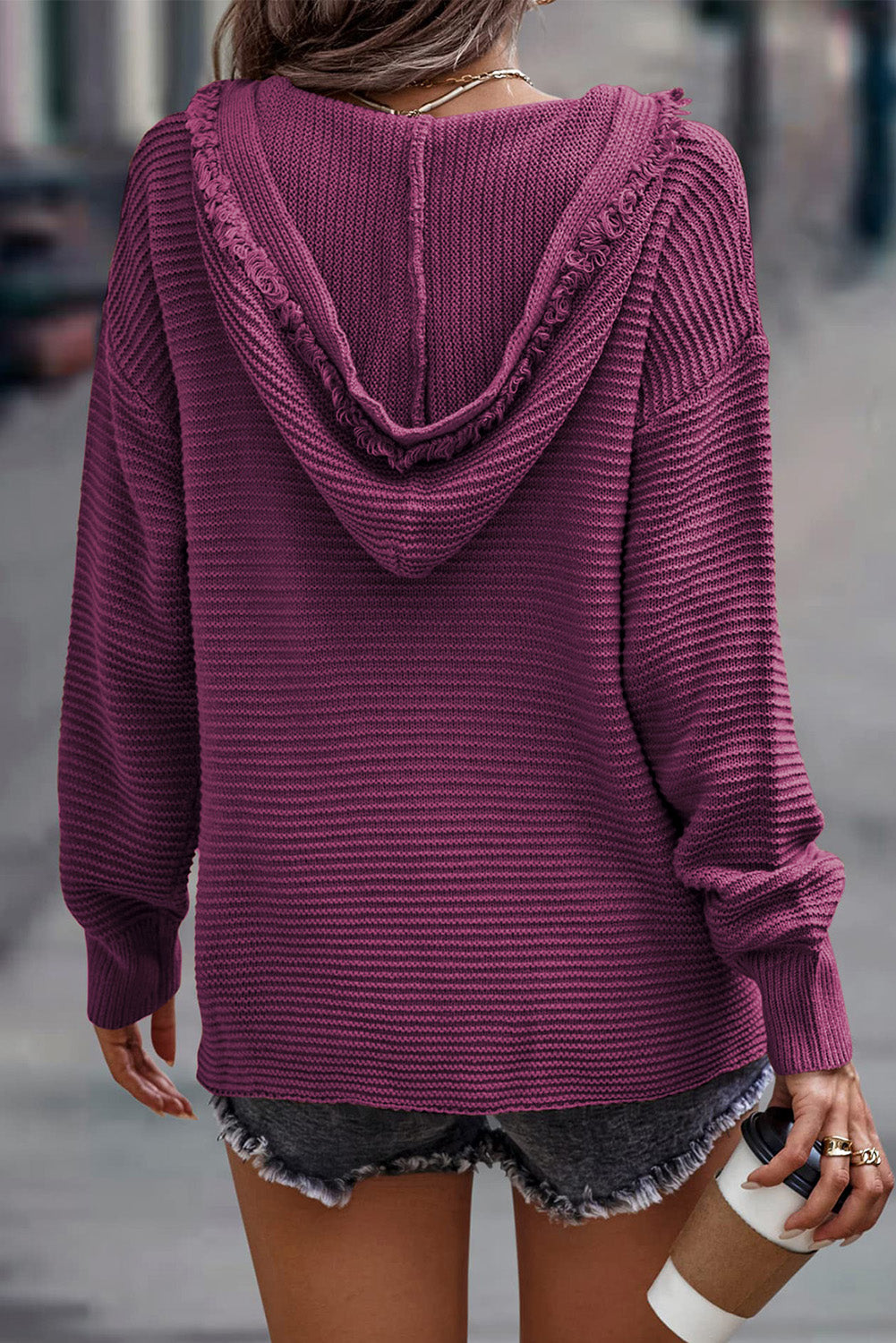 Ribbed Raw Edge Hooded Sweater