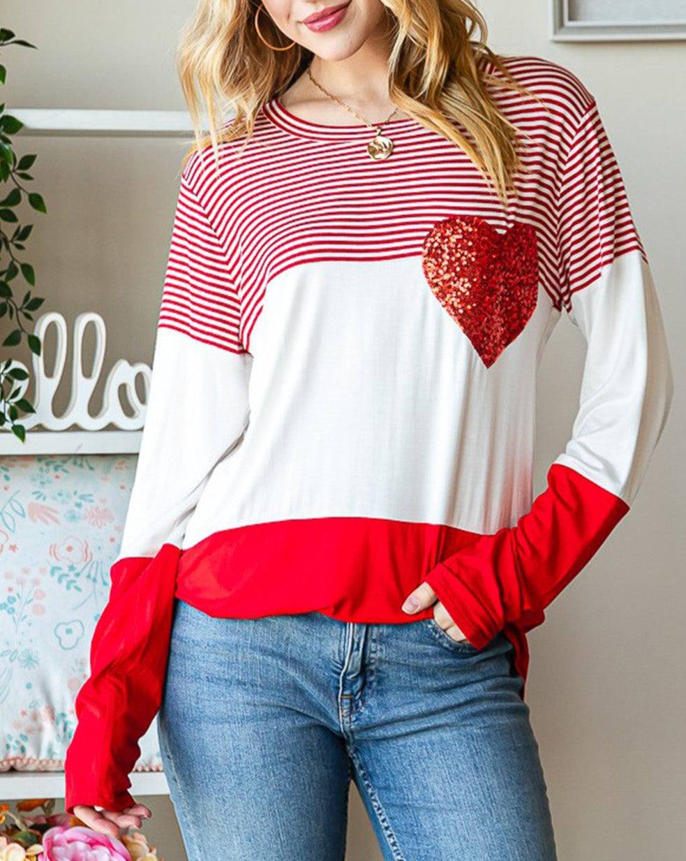 Sequin Heart Striped Colorblock Top