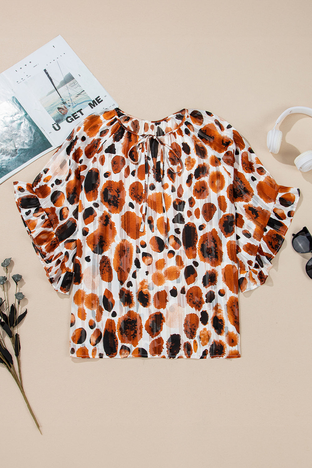 Abstract Spots Ruffle 3/4 Sleeve Blouse