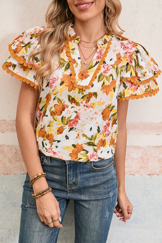 Floral Scalloped Ruffle Sleeve Spring Blouse