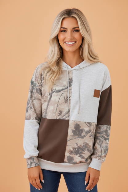 Camo Colorblock Long Sleeve Drawstring Hoodie