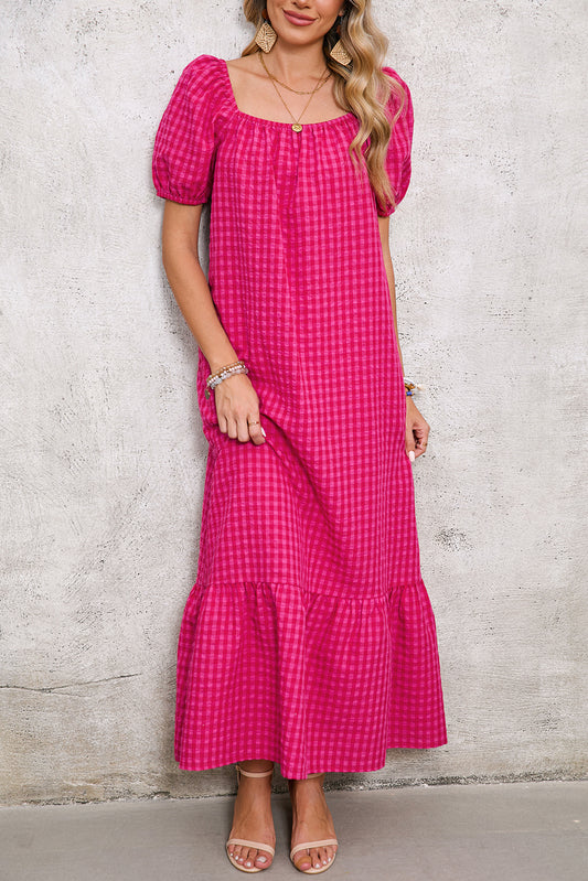 Gingham Bubble Sleeve Summer Maxi Dress