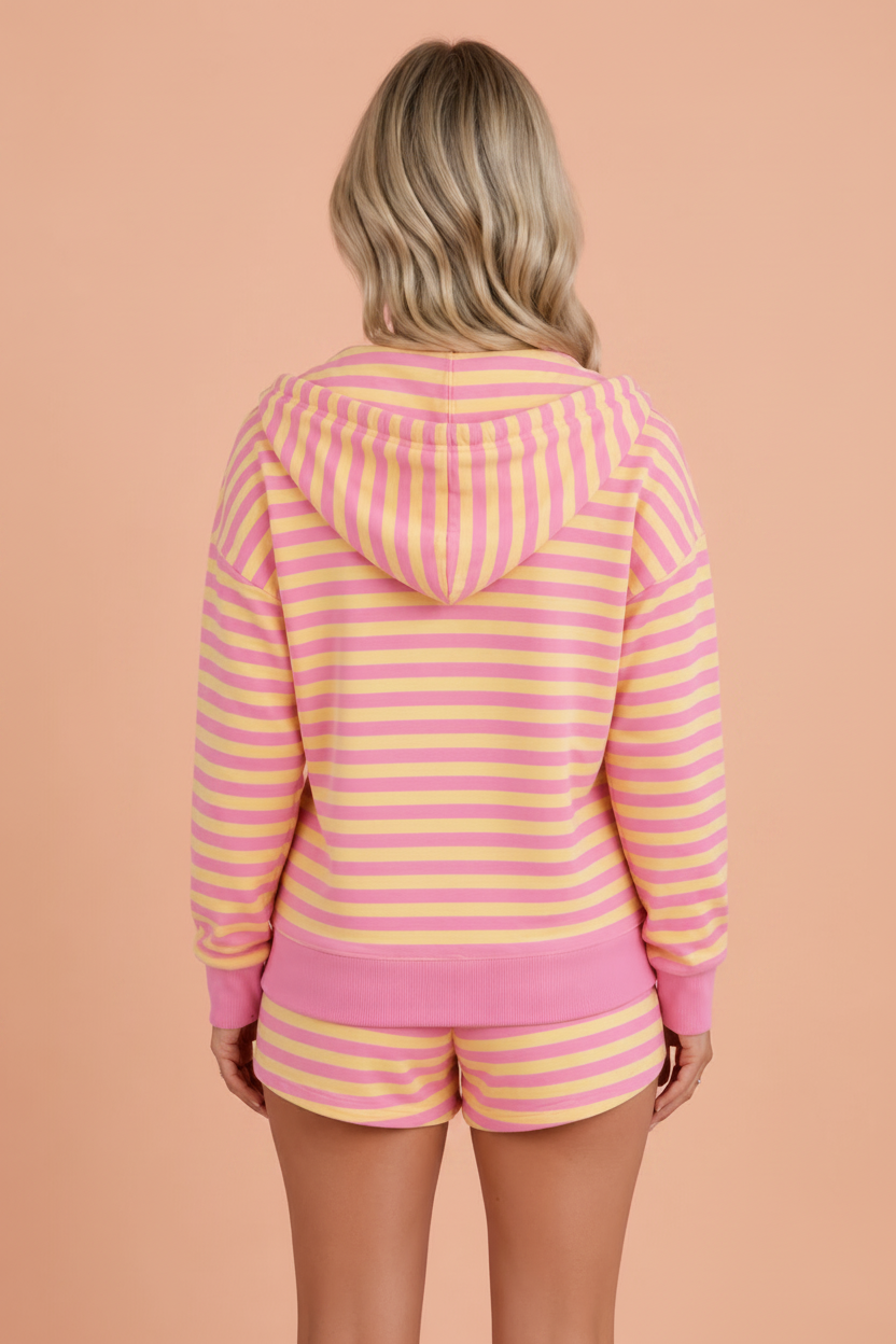 Stripe Long Sleeve Zip-Up Hoodie & Shorts Set
