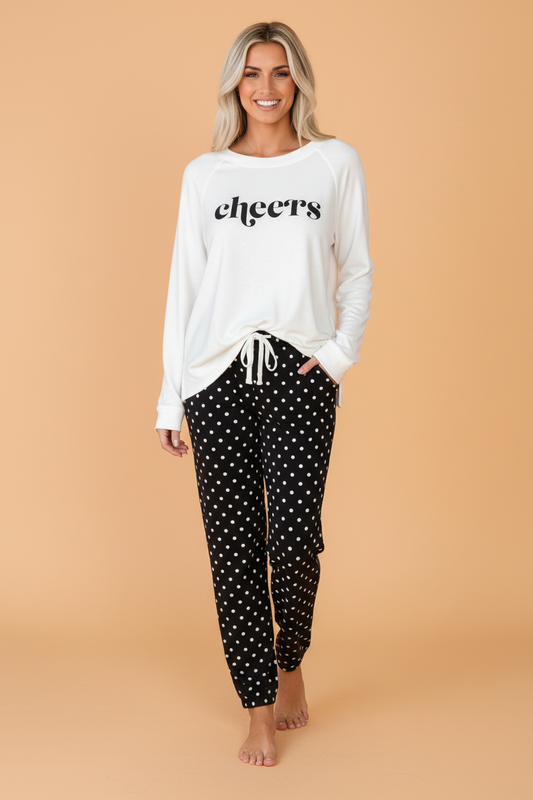 PRETTY BASH Cheers Letter Print Polka Dot Top & Pant Set