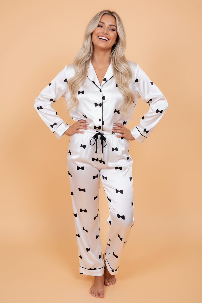Bow Tie Long Sleeve Top and Pants Pajama Set