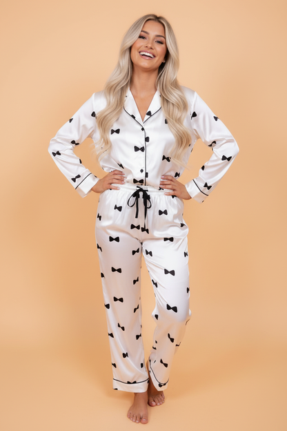 Bow Tie Long Sleeve Top and Pants Pajama Set