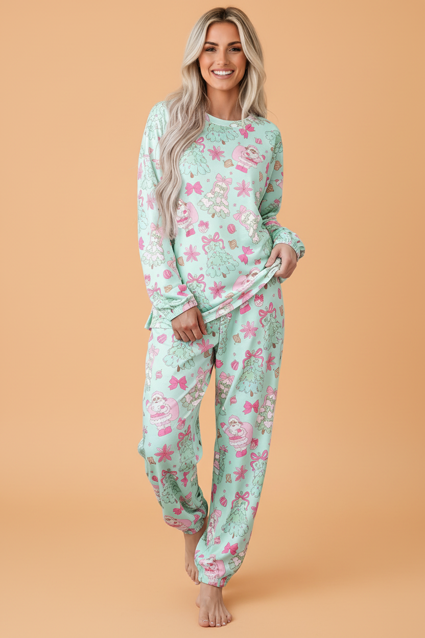 PRETTY BASH Christmas Santa Bow Tree Top & Pants Lounge Set