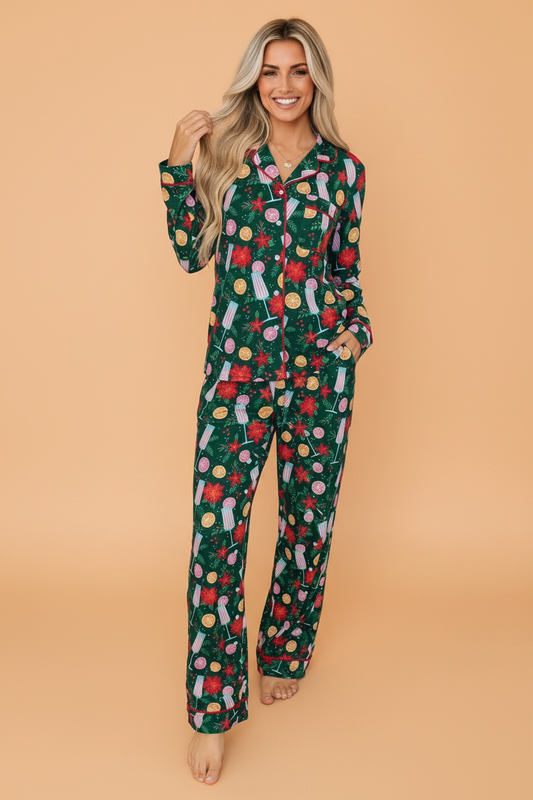 PRETTY BASH Christmas Graphic Print Collar Top & Pajama Lounge Set