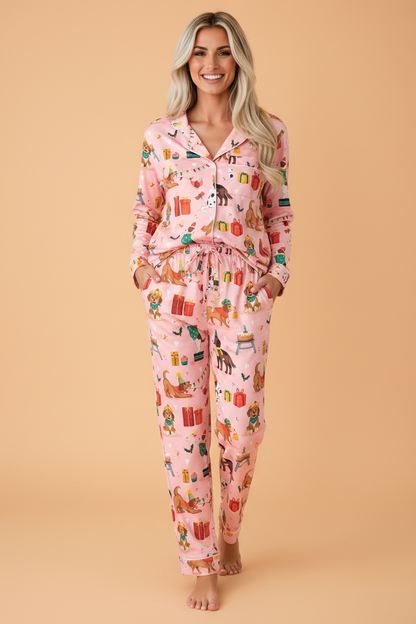 PRETTY BASH Christmas Dog Collared Top & Pants Pajama Set