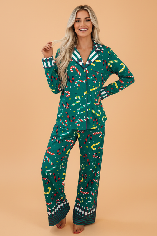 PRETTY BASH Christmas Candy Cane Top & Pants Pajama Set