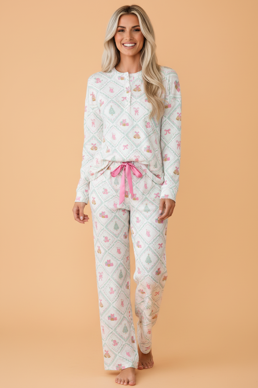PRETTY BASH Christmas Long Sleeve Patchwork Top & Pants Lounge Set