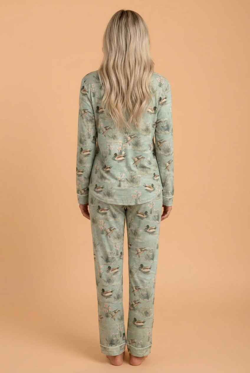 PRETTY BASH Mallard Floral Buttoned Shirt & Pants Pajama Set