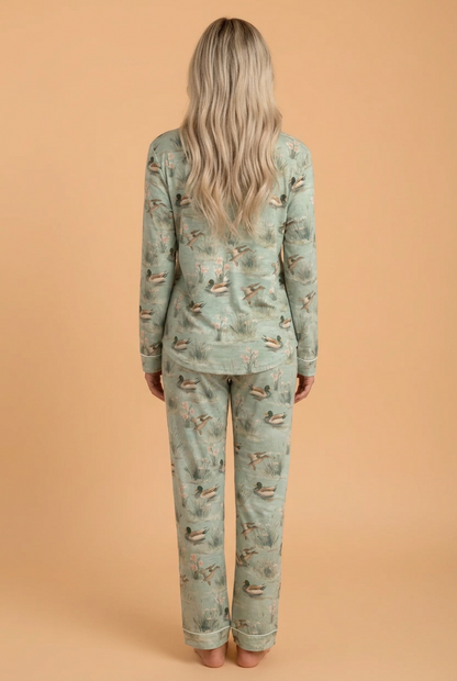 PRETTY BASH Mallard Floral Buttoned Shirt & Pants Pajama Set