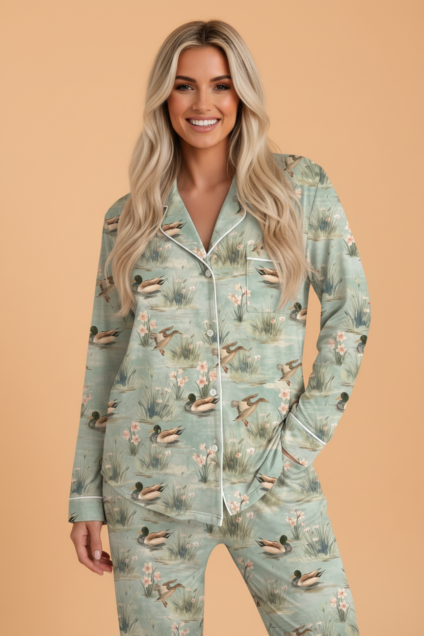 PRETTY BASH Mallard Floral Buttoned Shirt & Pants Pajama Set