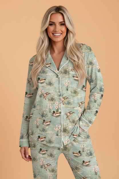 PRETTY BASH Mallard Floral Buttoned Shirt & Pants Pajama Set