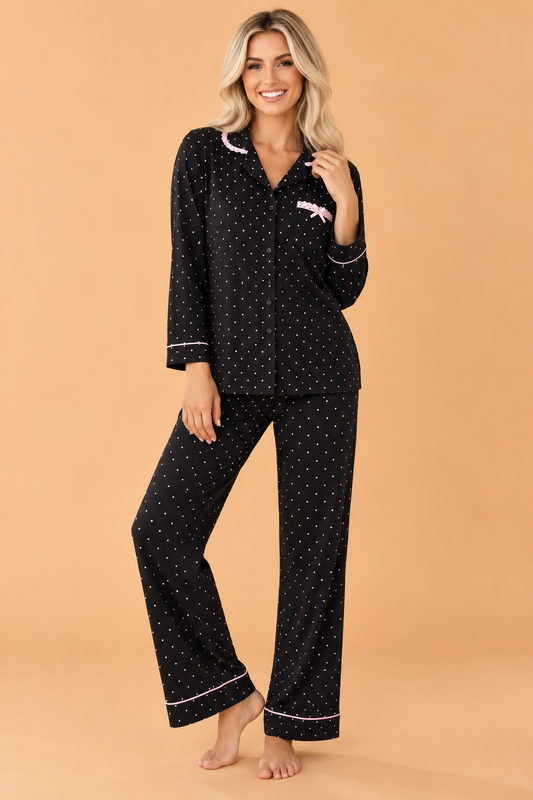 PRETTY BASH Polka Dot Long Sleeve Shirt & Pants Pajama Set