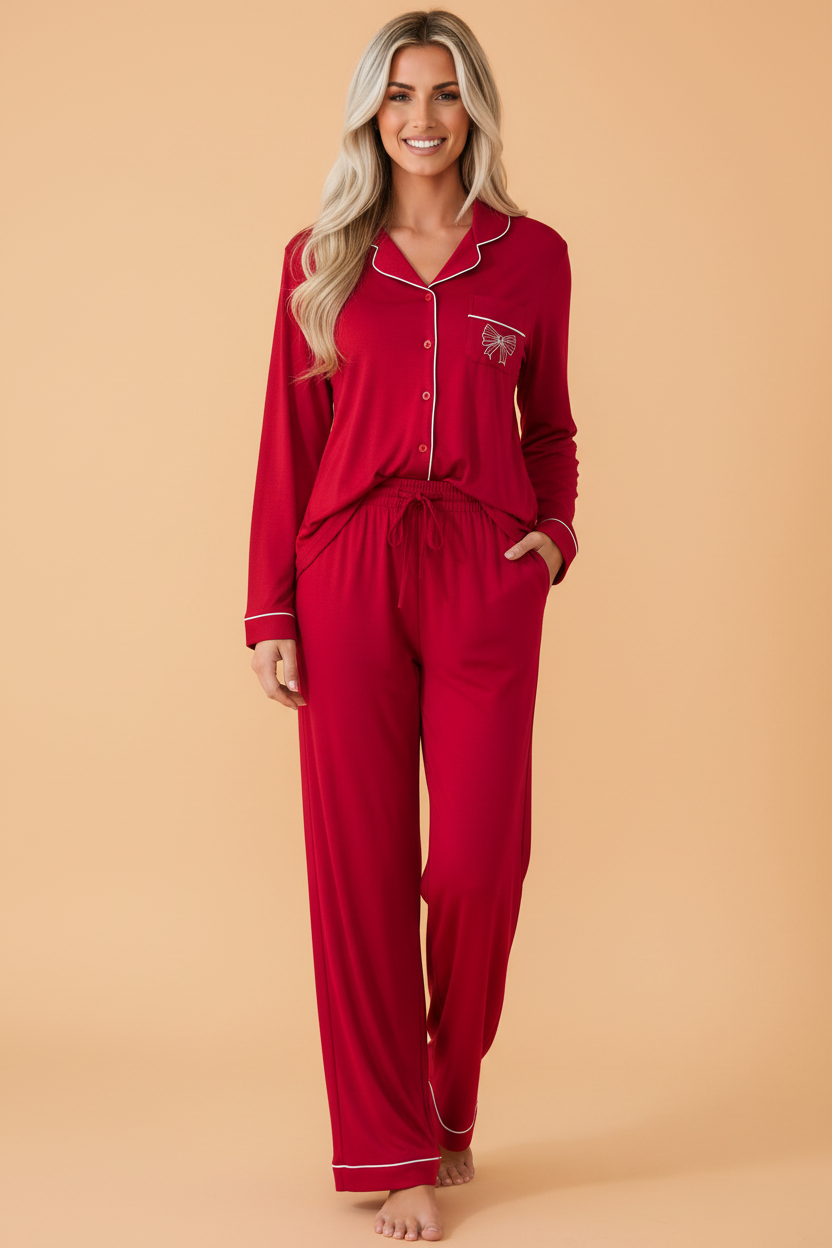 PRETTY BASH Bow Embroidered Buttoned Shirt & Pants Pajama Set