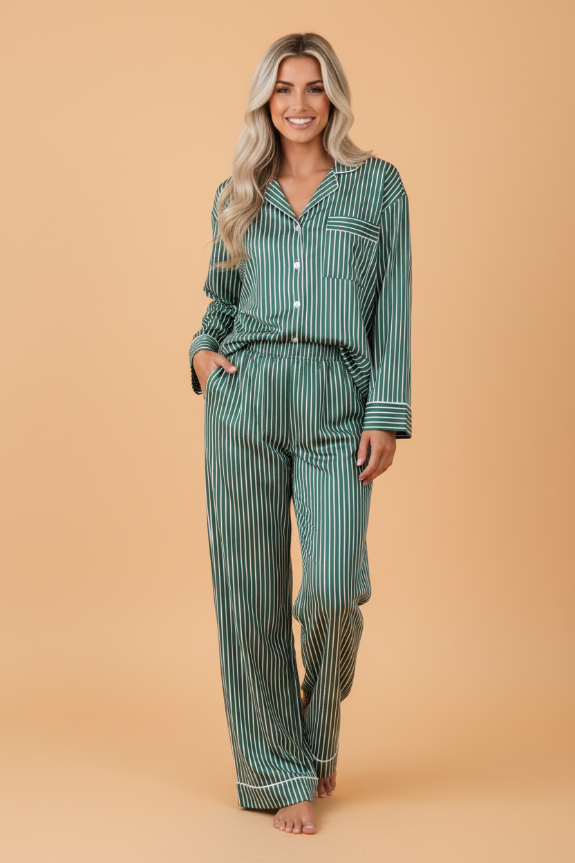 PRETTY BASH Stripe Piping Trim Shirt & Pants Pajama Set