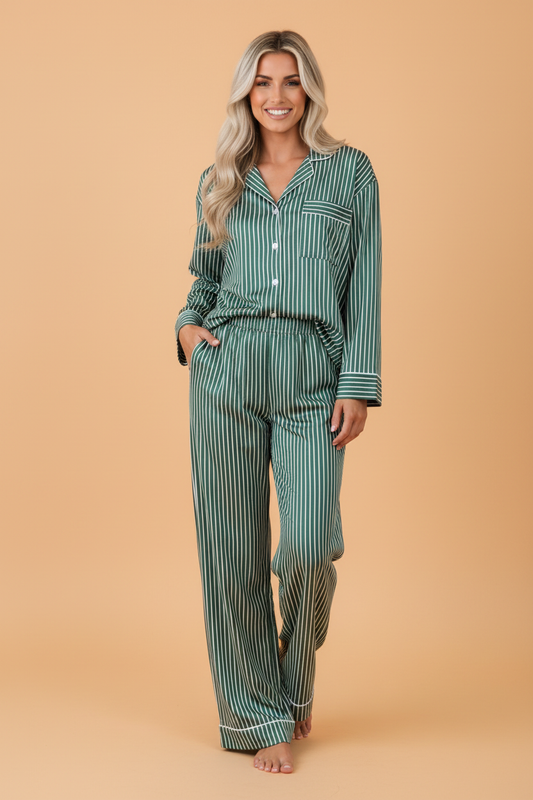 PRETTY BASH Stripe Piping Trim Shirt & Pants Pajama Set