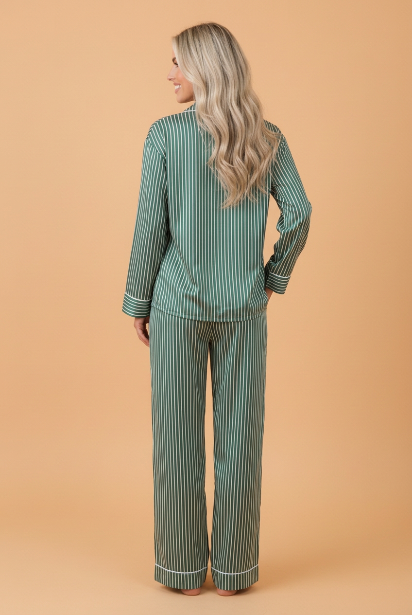 PRETTY BASH Stripe Piping Trim Shirt & Pants Pajama Set