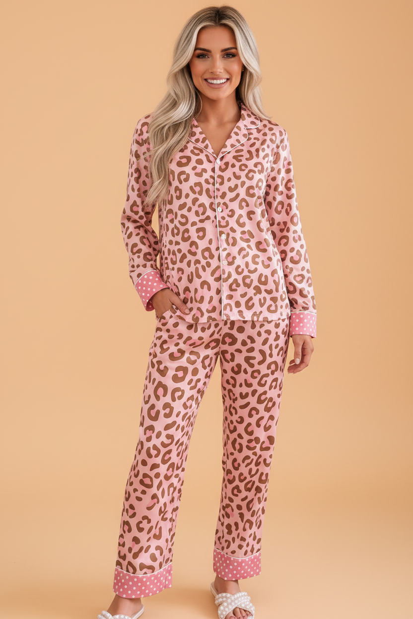 PRETTY BASH Leopard Polka Dot Trim Top & Pants Pajama Set