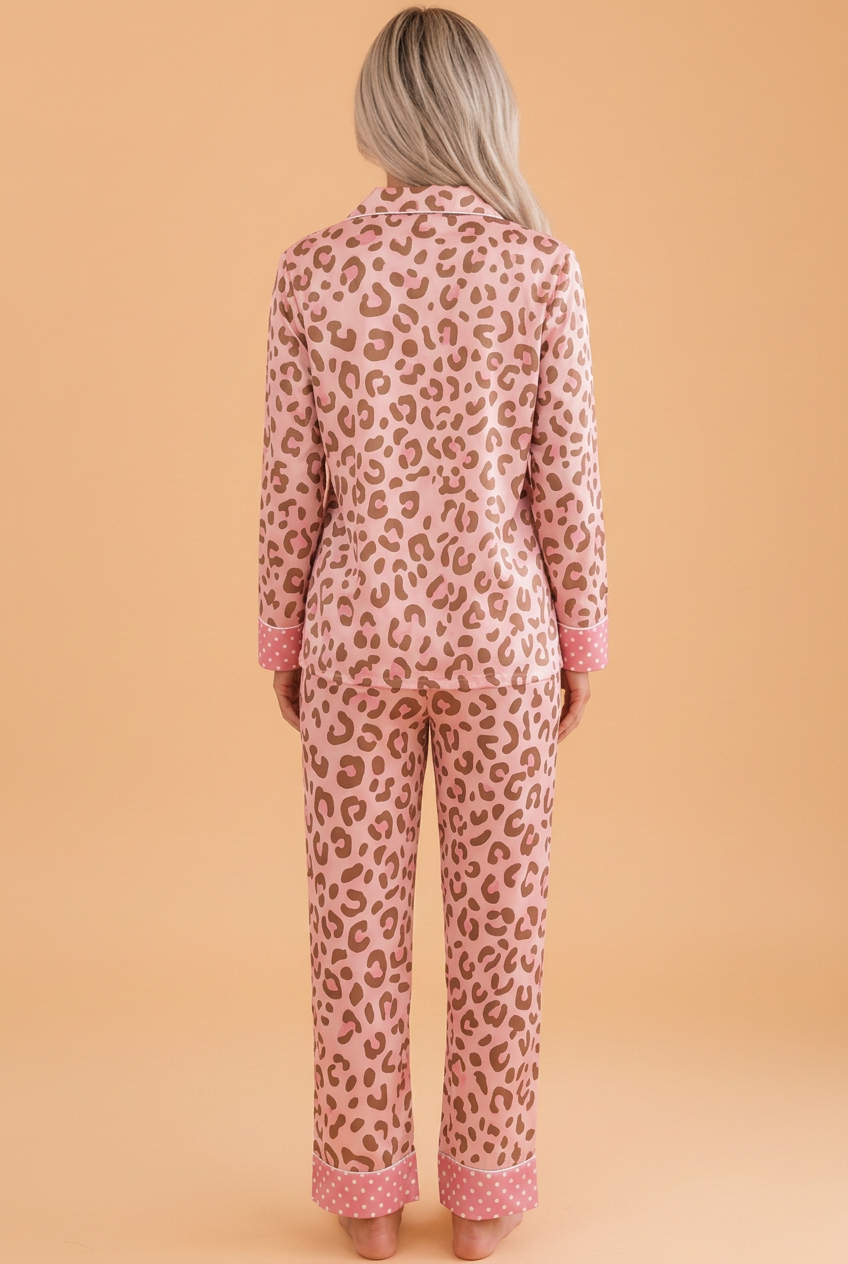 PRETTY BASH Leopard Polka Dot Trim Top & Pants Pajama Set