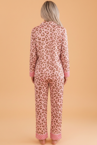PRETTY BASH Leopard Polka Dot Trim Top & Pants Pajama Set