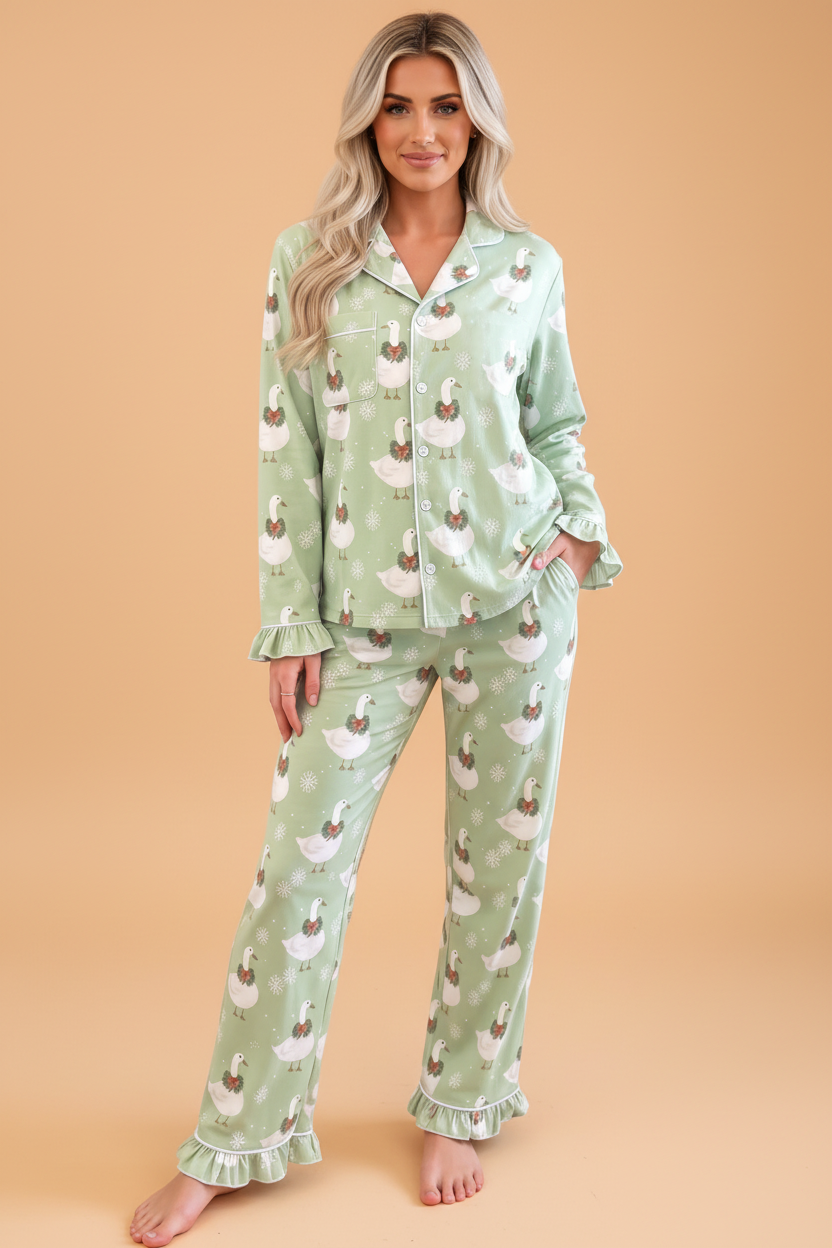 PRETTY BASH Christmas Goose Ruffle Shirt & Pants Pajama Set
