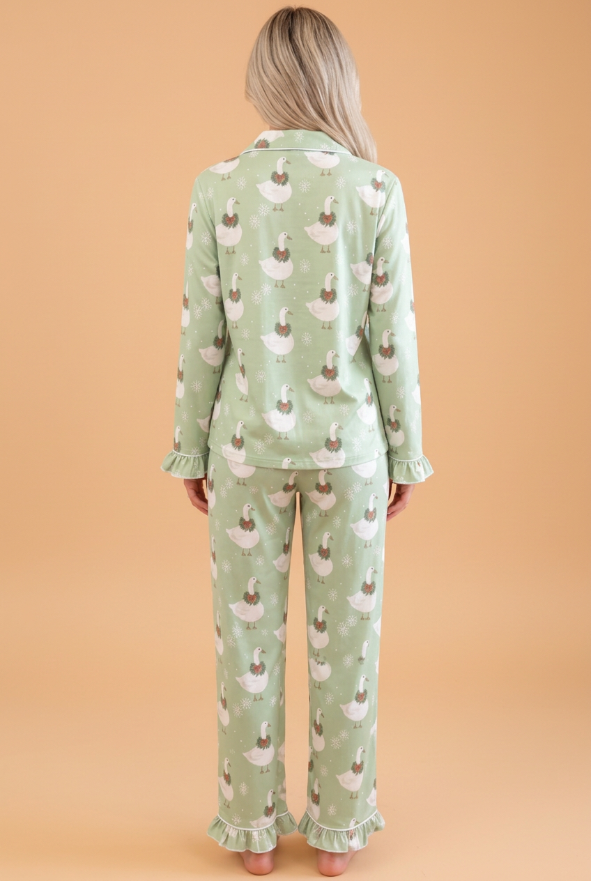 PRETTY BASH Christmas Goose Ruffle Shirt & Pants Pajama Set