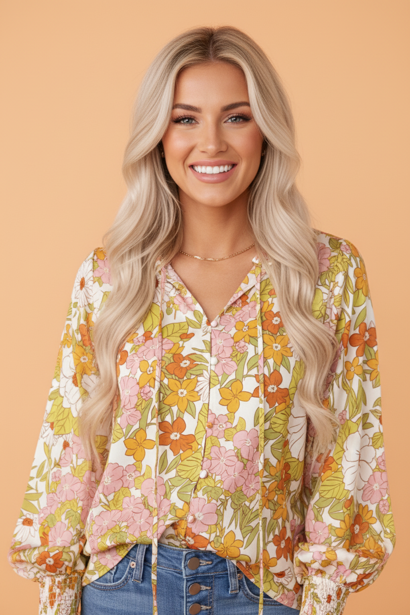 Boho Floral Smocked Puff Sleeve Blouse