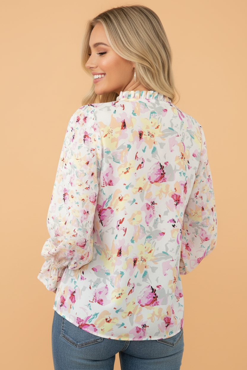 Boho Floral Smocked Puff Sleeve Blouse
