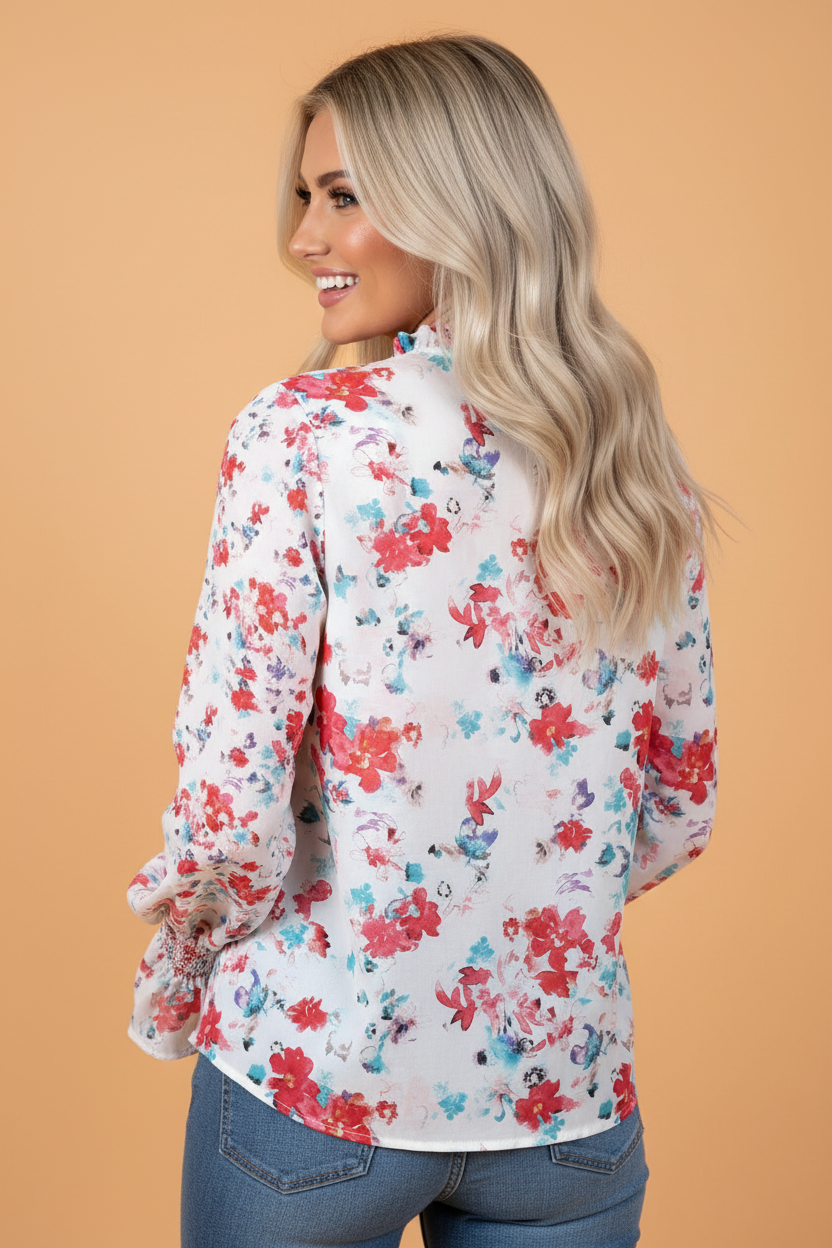 Boho Floral Smocked Puff Sleeve Blouse