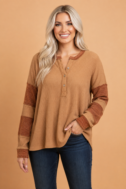 Colorblock Waffle Knit Exposed Seam Long Sleeve Top