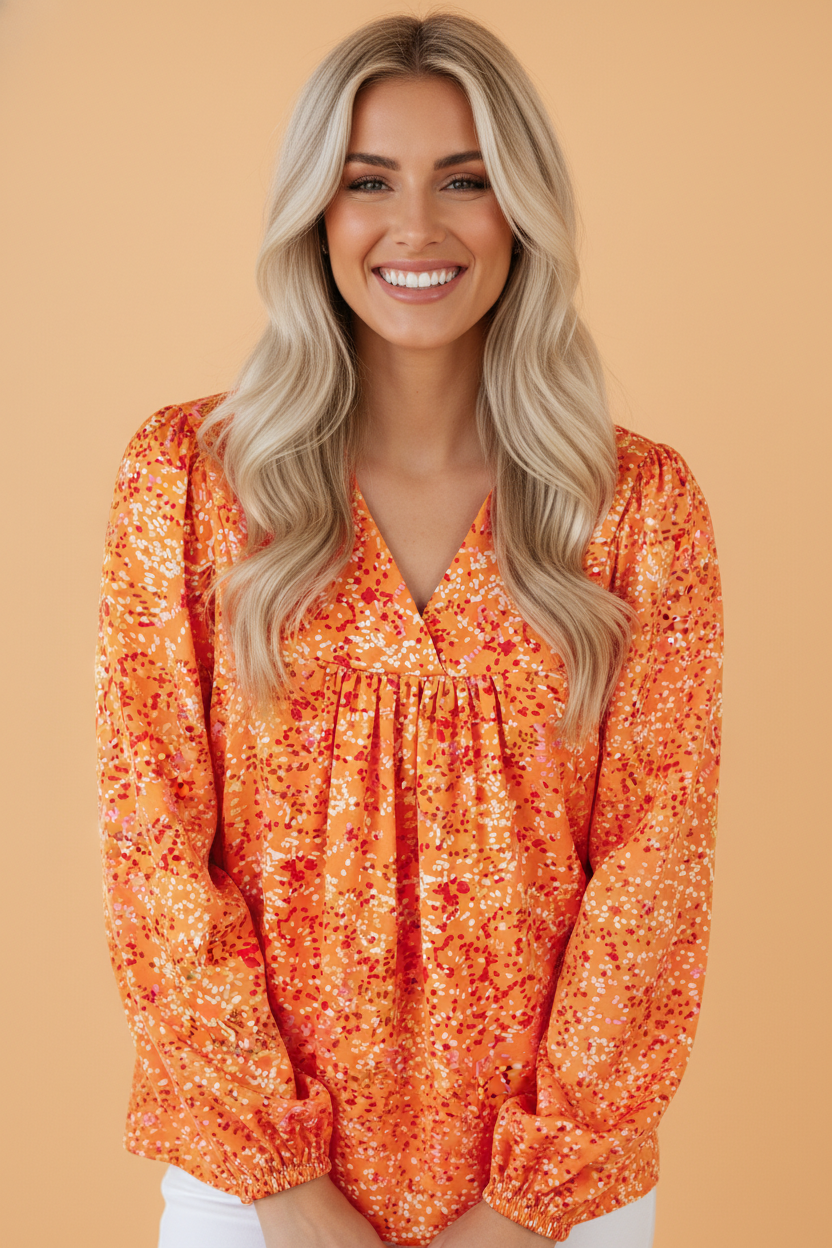 Abstract Collared V-Neck Babydoll Blouse