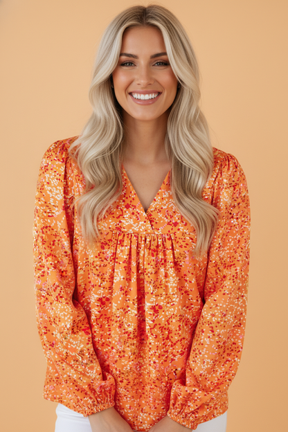 Abstract Collared V-Neck Babydoll Blouse