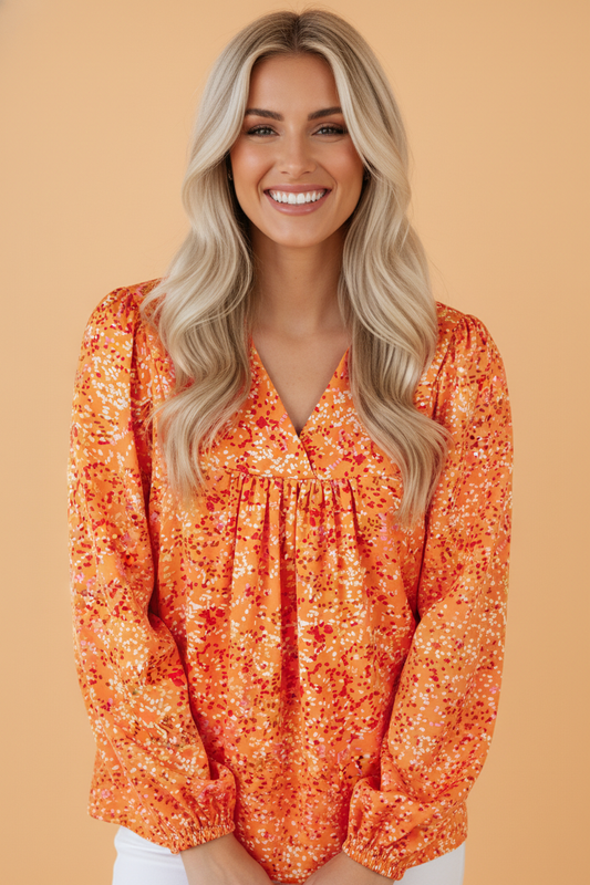 Abstract Collared V-Neck Babydoll Blouse