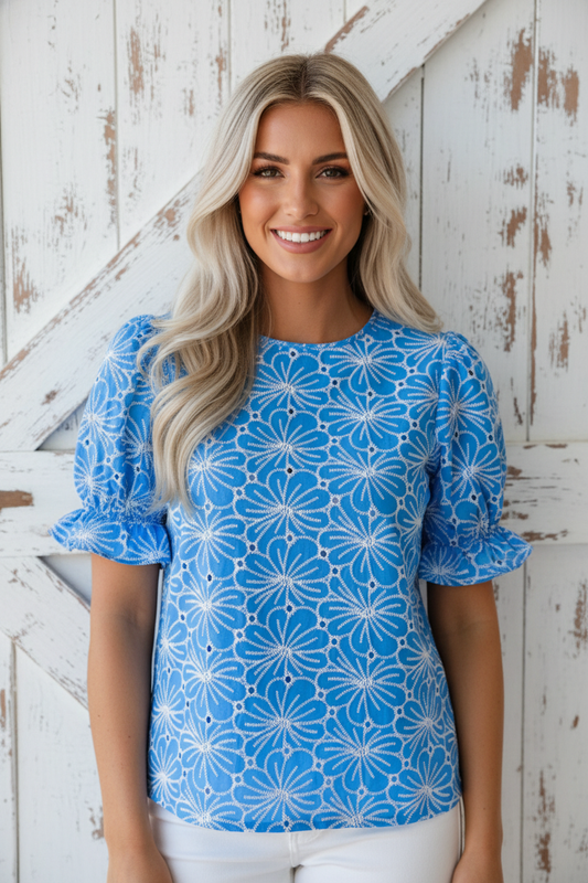 Flower Embroidered Eyelet Frilled Puff Sleeve Blouse