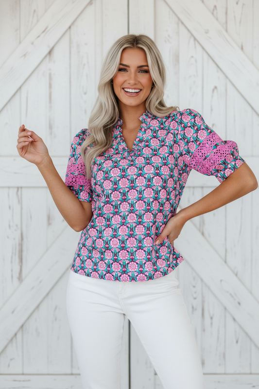 Floral Abstract V-Neck Ruffle Puff Sleeve Top