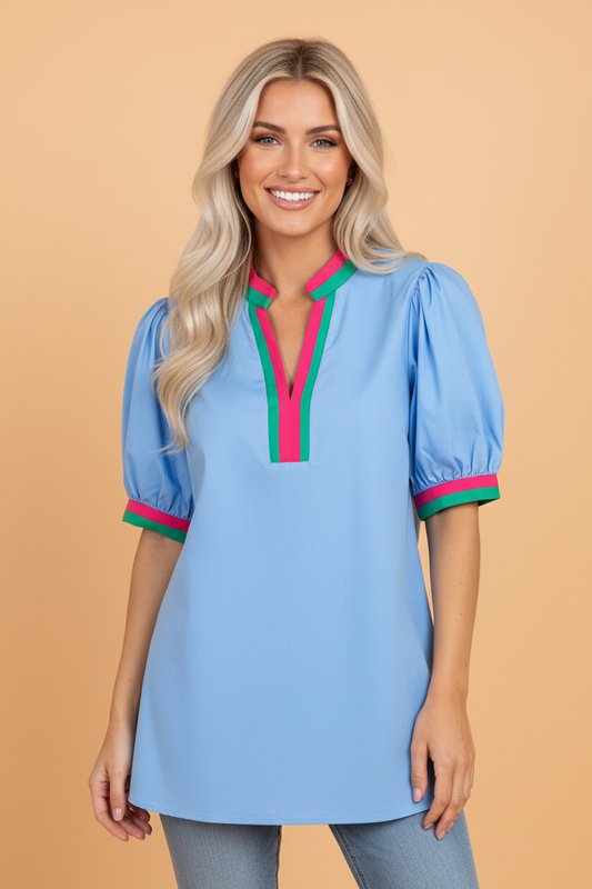 Contrast Stripe V-Neck Short Puff Sleeve Blouse