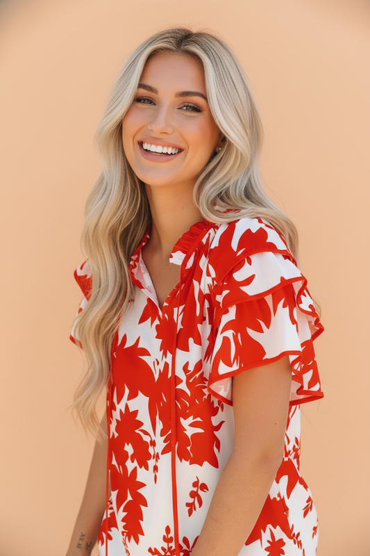 Floral Tiered Ruffle Sleeve V-Neck Blouse