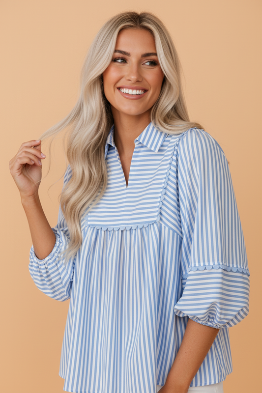 Stripe Shirt Collar V-Neck Ricrac Trim Blouse