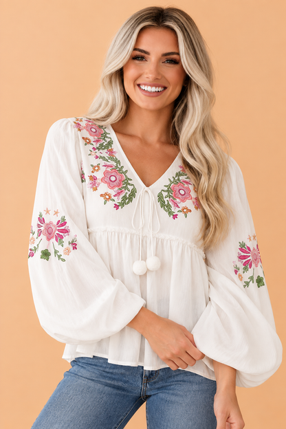Floral Lace-Up V-Neck Babydoll Blouse